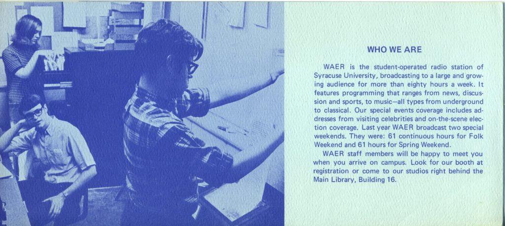 WAER Newsroom 1968. Roberta Chizzini, Don Bayley, Eric Davis